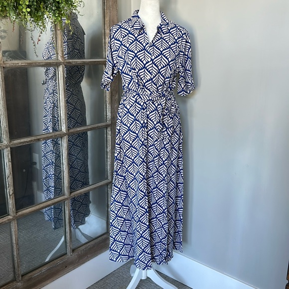 JDY tie waist midi shirt dress in blue print S - Picture 1 of 7